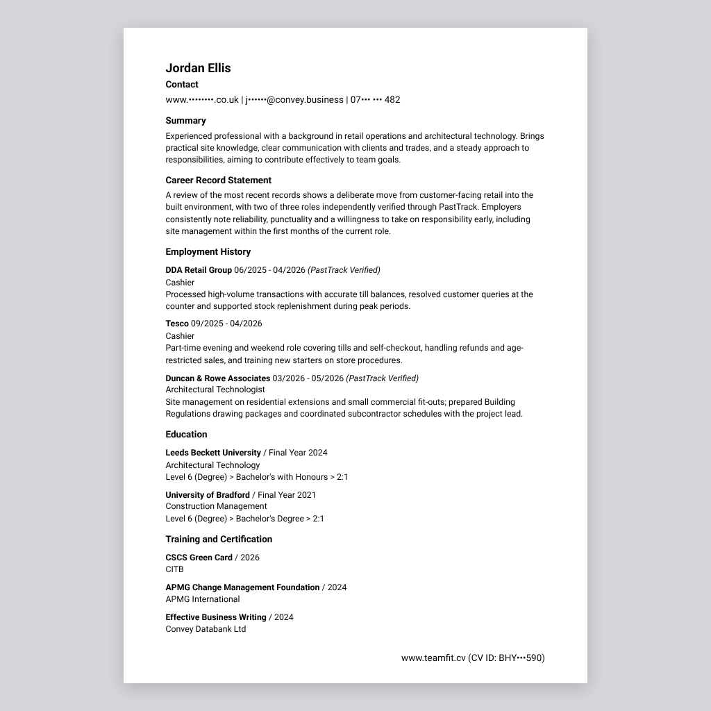 A TeamFit CV showing verified employment history, education and training